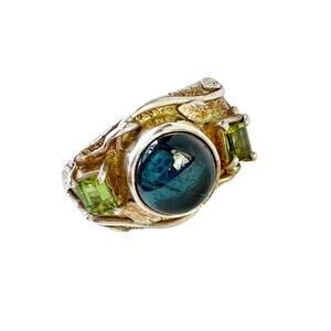 Natural Indicolite Tourmaline Peridot Carved Sterling Unisex Ring 8.25 - 8.5